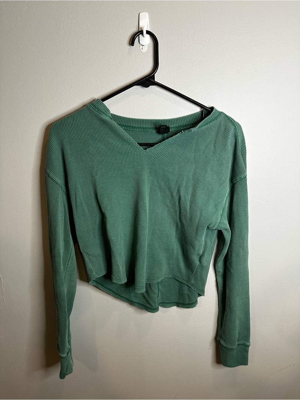 Waffle-Knit V-Neck Long Sleeve Top